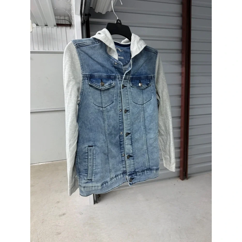 Art Class Boys XL 14 Denim Jacket Hoodie Blue Medium Wash Grey Knit Sleeves